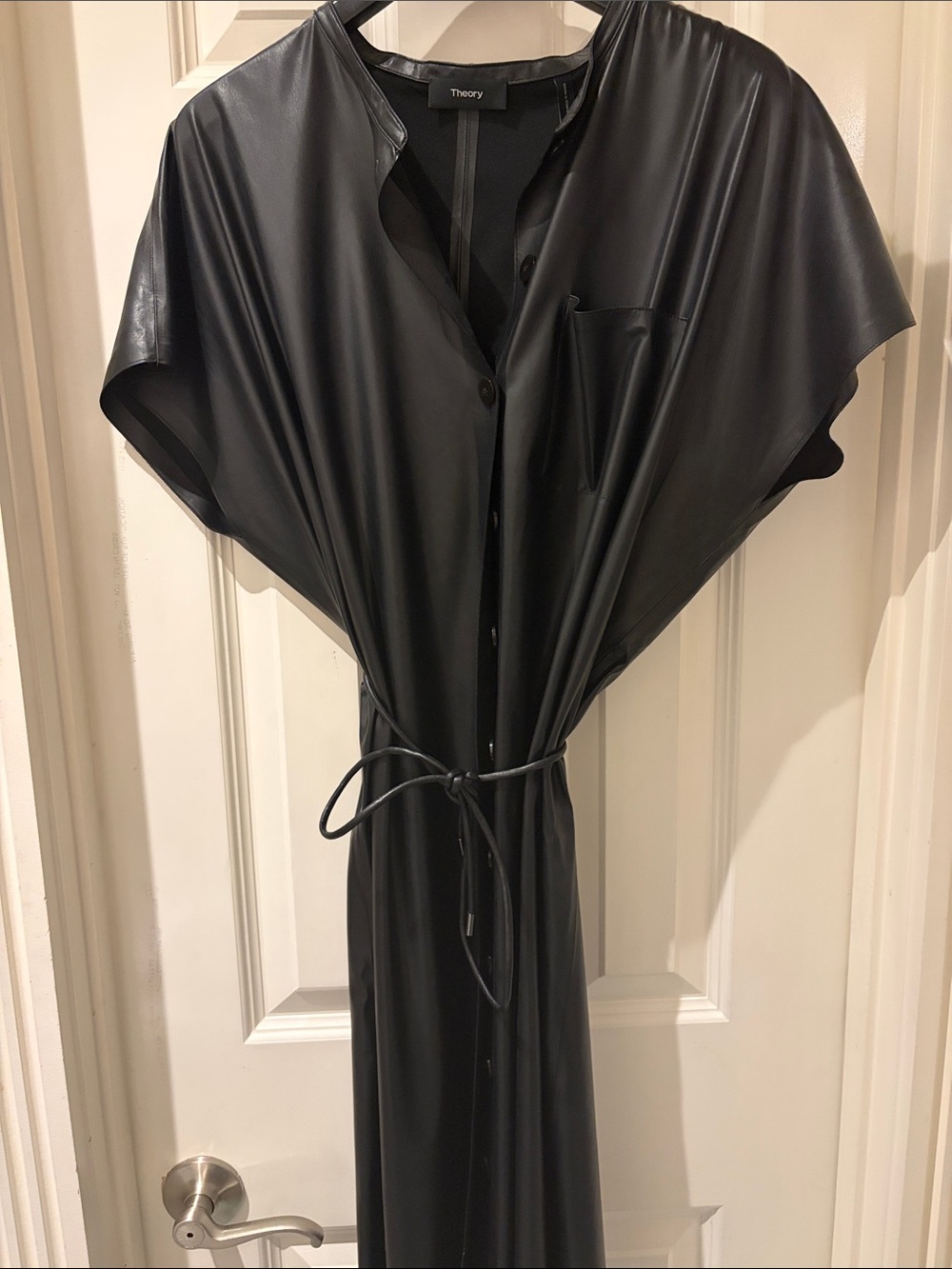Theory Black Faux Leather Button-Front Midi Dress with Tie Waist